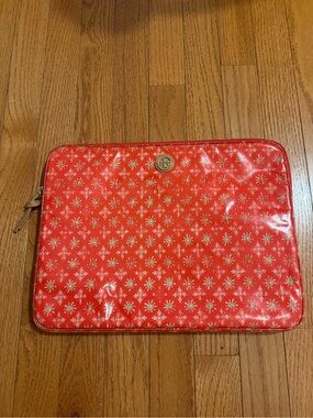 Tory Burch Red Printed Coated Canvas Zip Tablet Laptop Sleeve Pouch